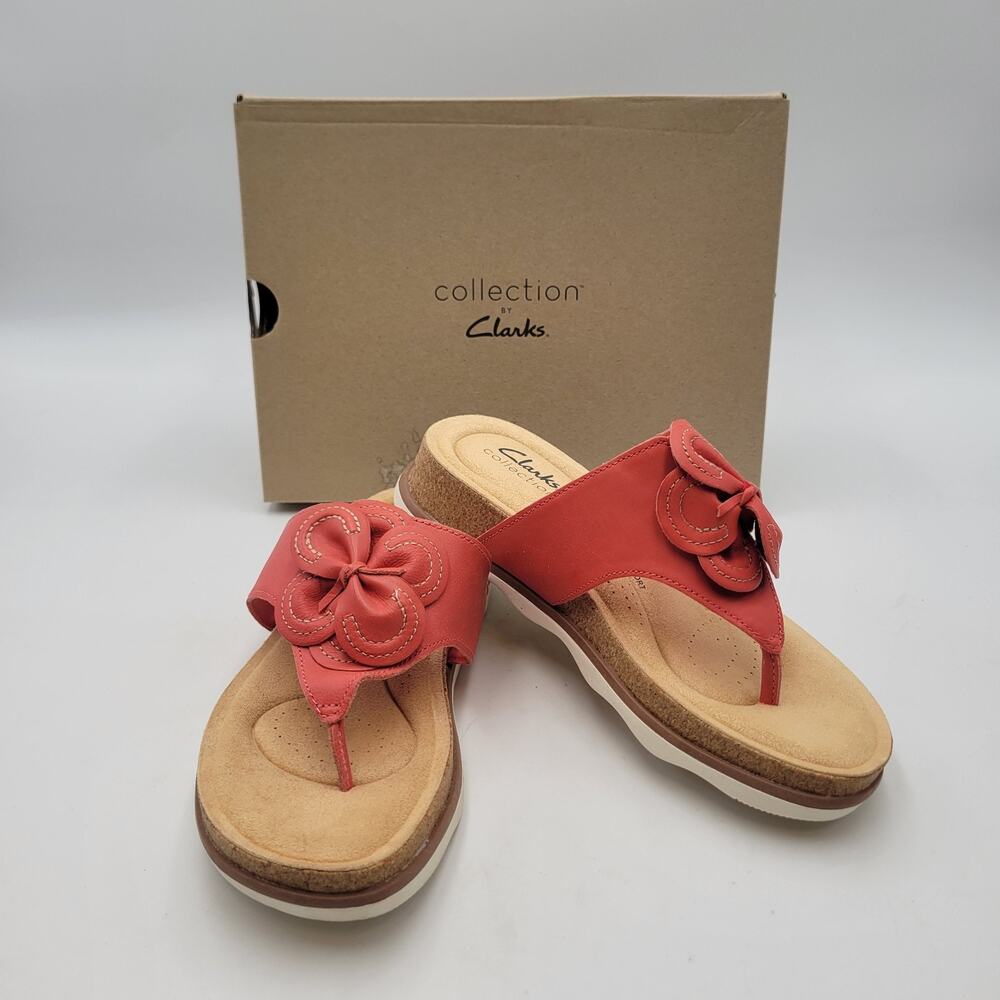 Clarks Women's Brynn Style Flat Sandal Bright Coral Leather Size 5.5 Comfort